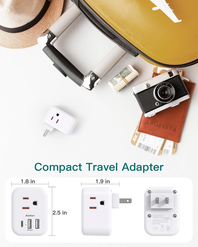 Addtam US to Japan Plug Adapter, 2 Prong to 3 Prong Outlet Adapter with 3 AC Outlets 3 USB Ports(1 USB C), Travel Power Plug Adaptor for USA to Japanese Canada Mexico Philippines Peru, Type A - Image 5